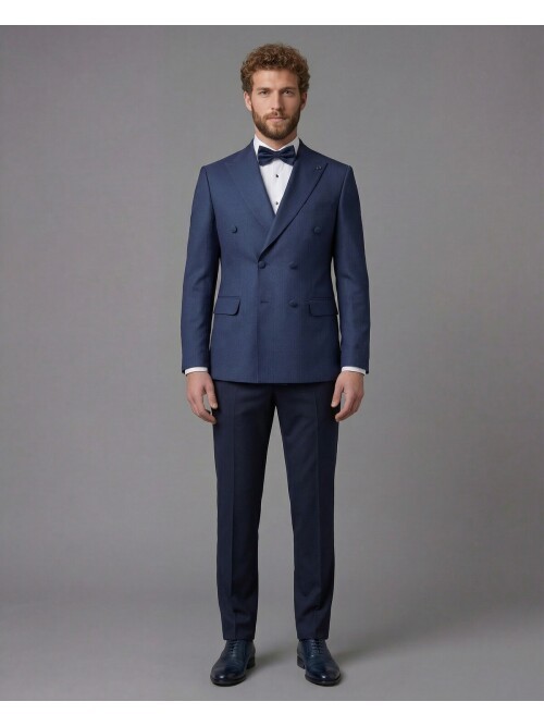 Blue Peak Lapel Double-Breasted Blazer & Navy Blue Trousers Combination Suit