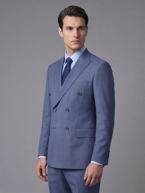 Mavi Yünlü Sivri Yaka Kruvaze Regular Fit 6 Düğme Takım Elbise