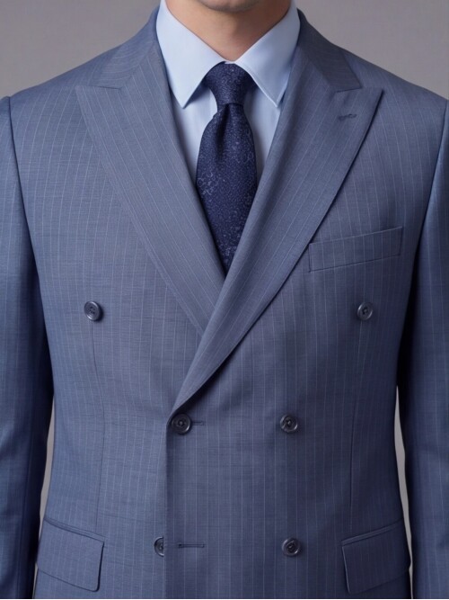 Mavi Yünlü Sivri Yaka Kruvaze Regular Fit 6 Düğme Takım Elbise