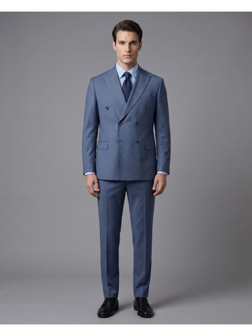 Mavi Yünlü Sivri Yaka Kruvaze Regular Fit 6 Düğme Takım Elbise