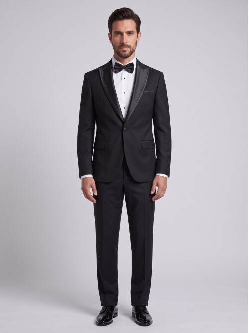 Siyah Çıkma Sivri Yaka Slim Fit Damatlık