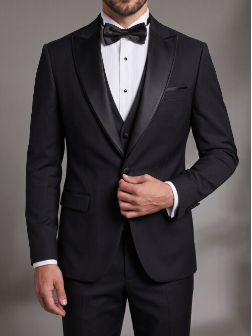 Siyah Çıkma Sivri Yaka Slim Fit Tek Düğme Damatlık