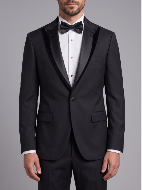 Siyah Çıkma Sivri Yaka Slim Fit Tek Düğme Damatlık