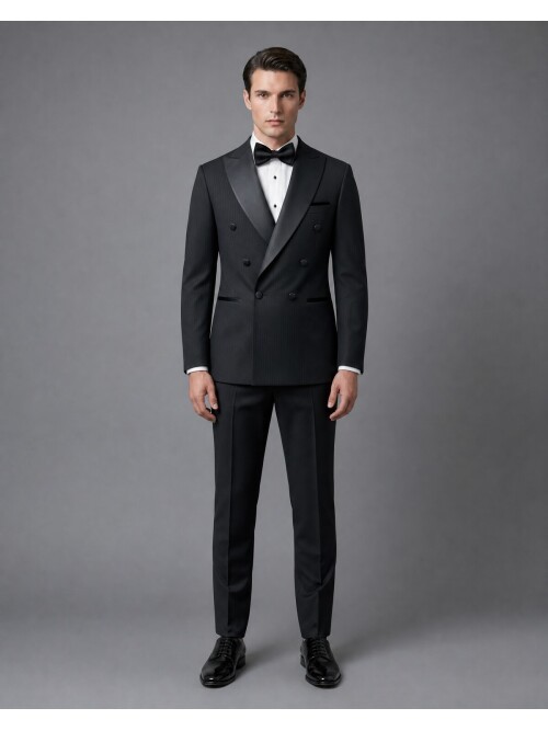 Siyah Çizgili Slim Fit Kruvaze Damatlık