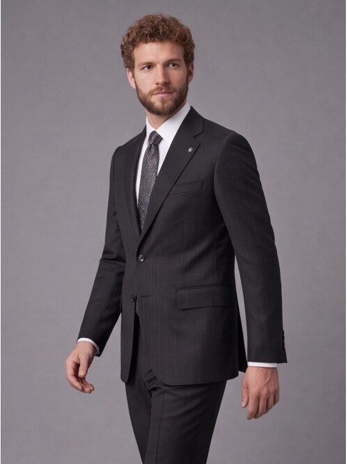 Black Striped Slim Fit Mandarin Collar 2-Button Suit