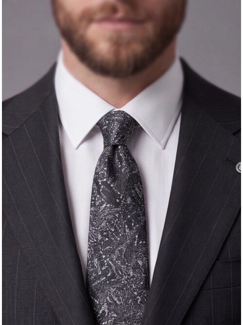 Black Striped Slim Fit Mandarin Collar 2-Button Suit