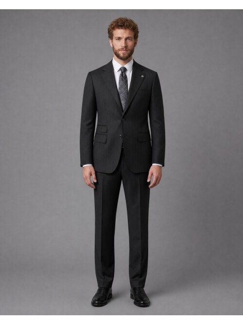 Black Striped Slim Fit Mandarin Collar 2-Button Suit