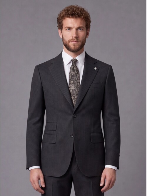 Black Striped Slim Fit Mandarin Collar 2-Button Suit