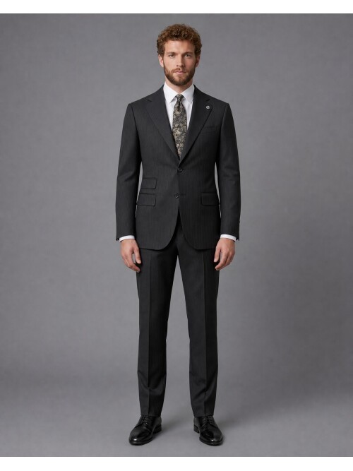 Black Striped Slim Fit Mandarin Collar 2-Button Suit