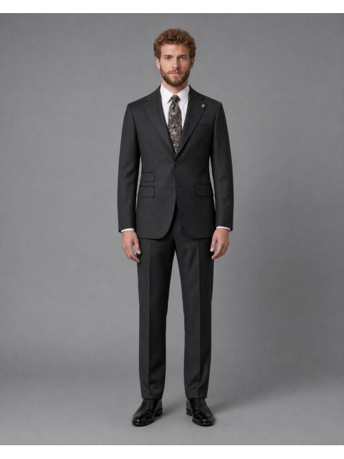 Black Striped Slim Fit Mono Collar 2-Button Suit