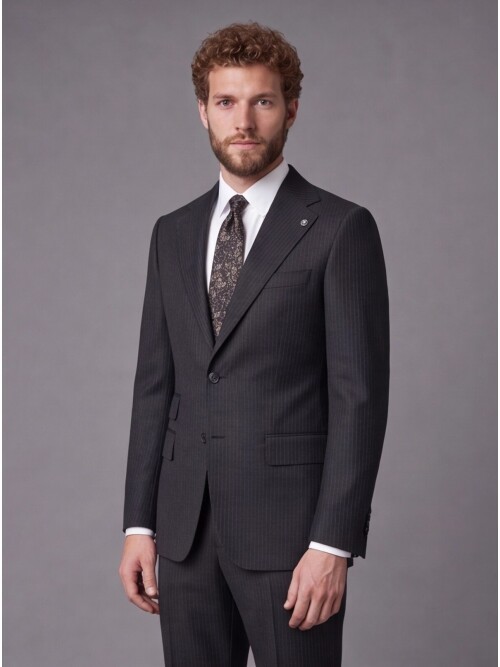 Black Striped Slim Fit Mono Collar 2-Button Suit
