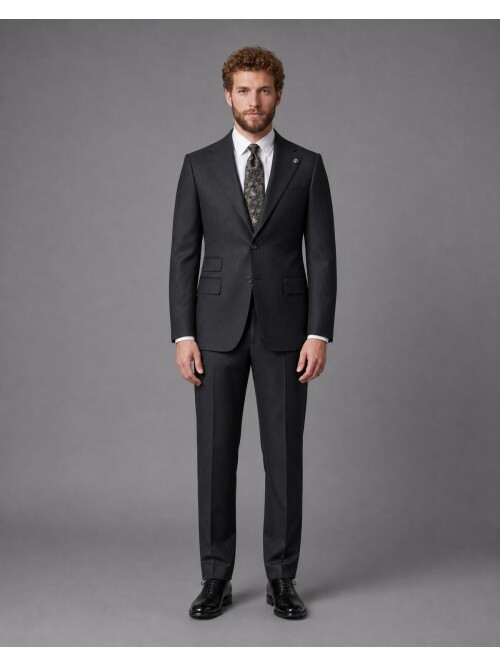 Black Striped Slim Fit Mono Collar 2-Button Suit
