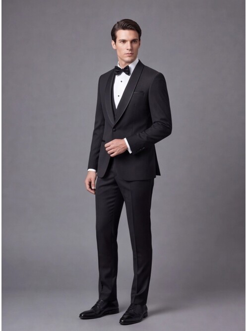 Black Pinstripe Slim Fit Shawl Lapel One Button Tuxedo