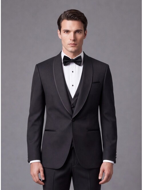 Black Pinstripe Slim Fit Shawl Lapel One Button Tuxedo