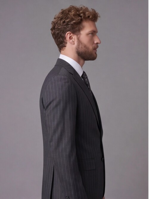 Siyah Çizgili Yünlü Mono Yaka Comfort Fit Takım Elbise