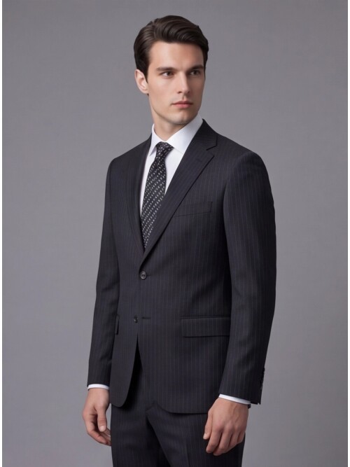 Siyah Çizgili Yünlü Mono Yaka Regular Fit 2 Düğme Takım Elbise