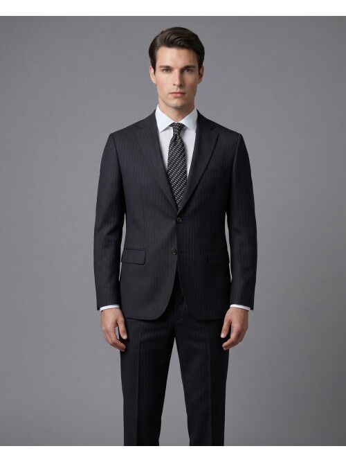Siyah Çizgili Yünlü Mono Yaka Regular Fit 2 Düğme Takım Elbise