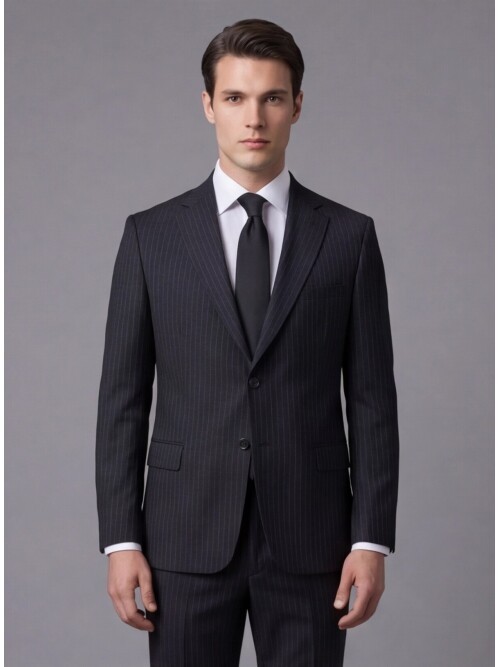 Siyah Çizgili Yünlü Mono Yaka Regular Fit 2 Düğme Takım Elbise