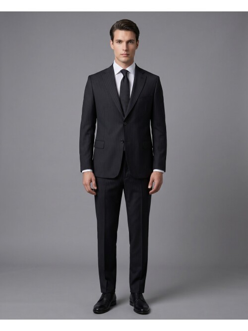 Siyah Çizgili Yünlü Mono Yaka Regular Fit 2 Düğme Takım Elbise