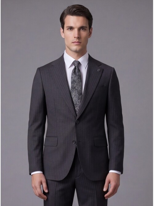 Black Pinstripe Wool Notch Lapel Regular Fit Suit
