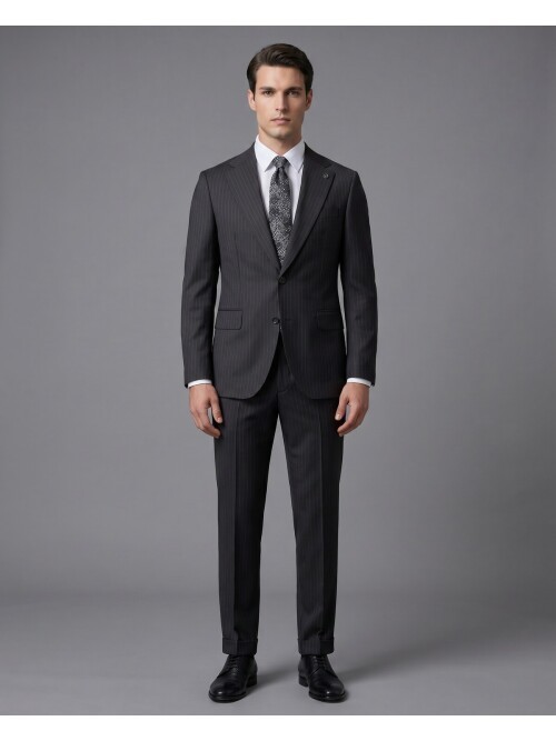 Black Pinstripe Wool Notch Lapel Regular Fit Suit