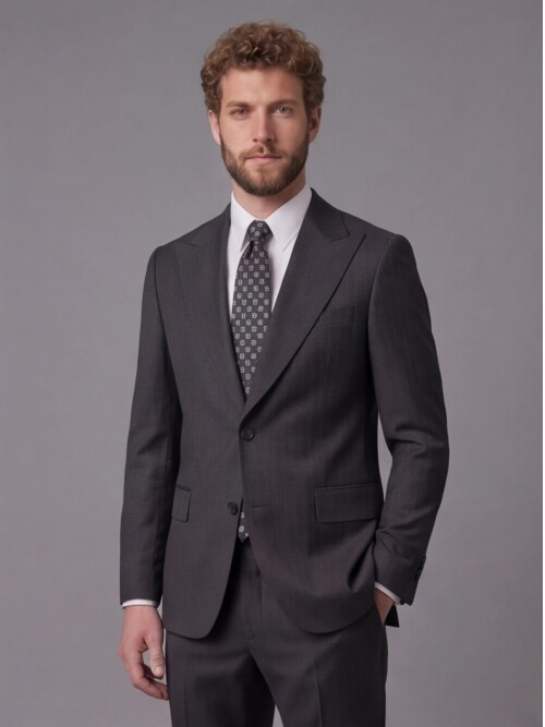 Siyah Çizgili Yünlü Sivri Yaka Comfort Fit Takım Elbise