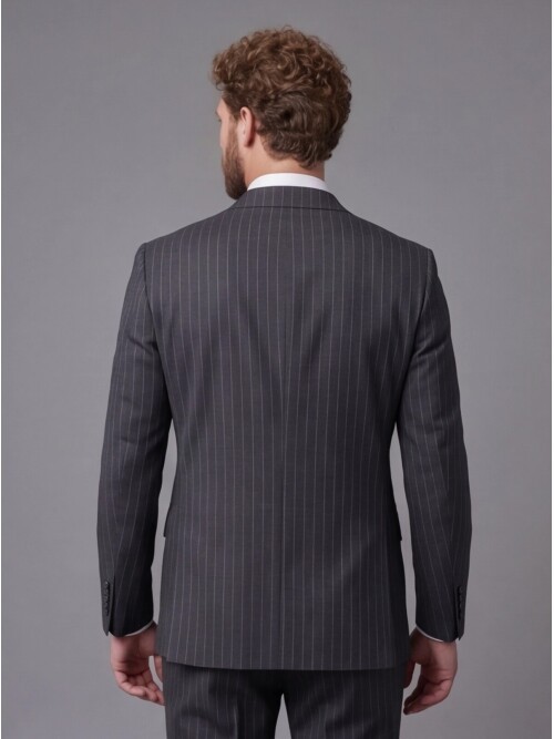 Siyah Çizgili Yünlü Sivri Yaka Comfort Fit Takım Elbise