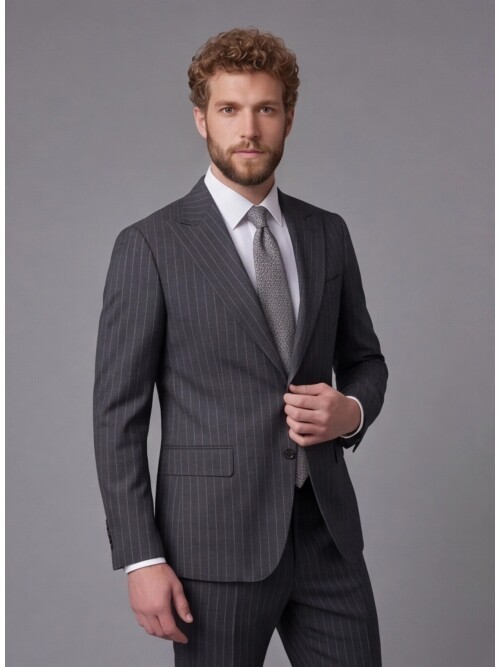 Siyah Çizgili Yünlü Sivri Yaka Comfort Fit Takım Elbise