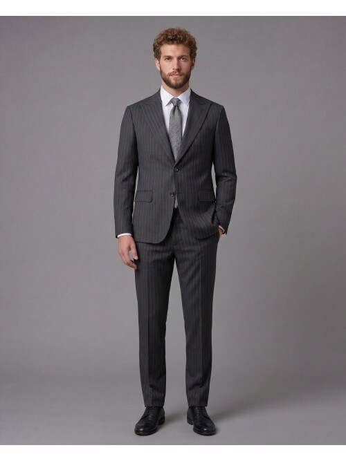 Siyah Çizgili Yünlü Sivri Yaka Comfort Fit Takım Elbise
