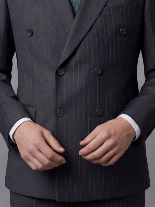 Siyah Çizgili Yünlü Sivri Yaka Kruvaze Regular Fit 6 Düğme Takım Elbise