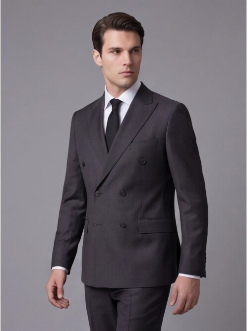 Black Striped Wool Peak Lapel Double-Breasted Regular Fit 6-Button Suit