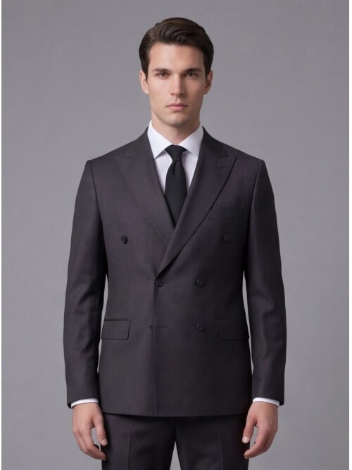 Black Striped Wool Peak Lapel Double-Breasted Regular Fit 6-Button Suit