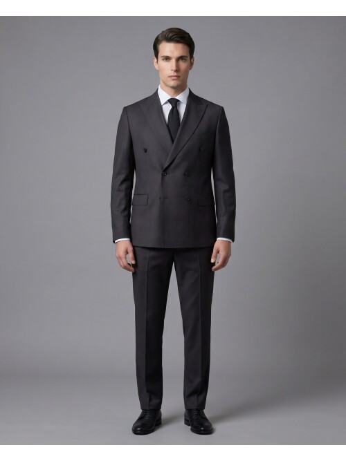 Black Striped Wool Peak Lapel Double-Breasted Regular Fit 6-Button Suit