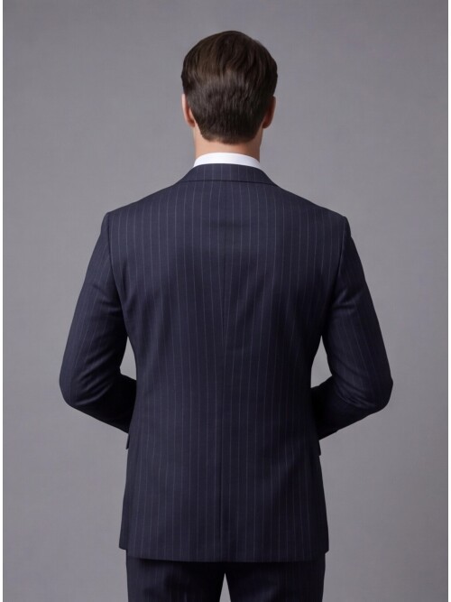 Siyah Çizgili Yünlü Sivri Yaka Regular Fit Takım Elbise