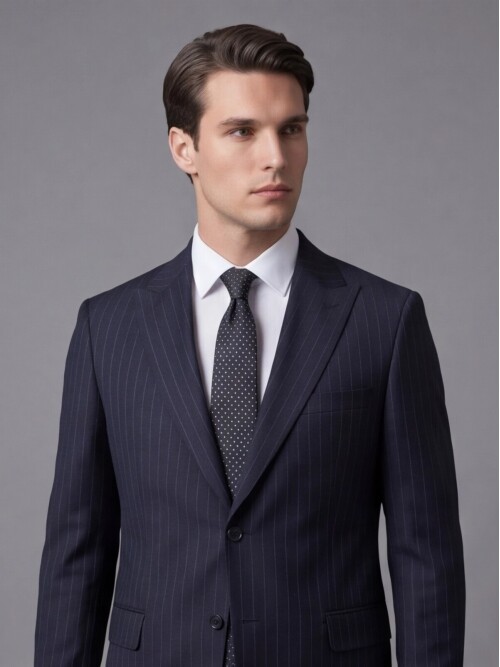 Siyah Çizgili Yünlü Sivri Yaka Regular Fit Takım Elbise