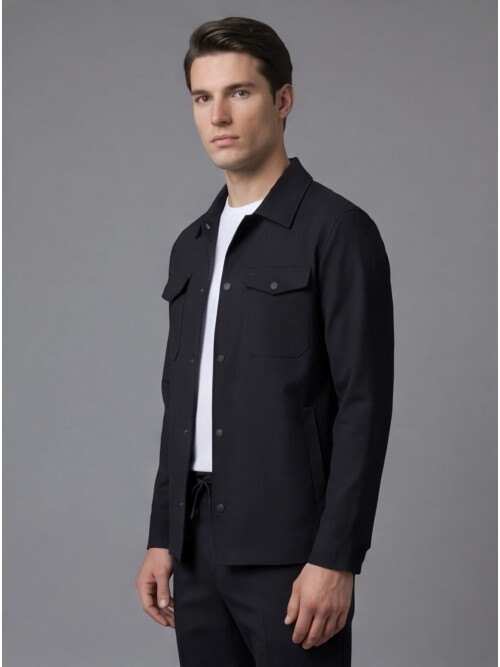 Black Comfort Fit Shirt Collar Safari Pocket Sporty Suit