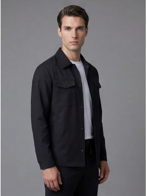 Black Comfort Fit Shirt Collar Safari Pocket Sporty Suit