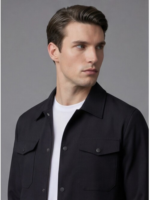 Black Comfort Fit Shirt Collar Safari Pocket Sporty Suit