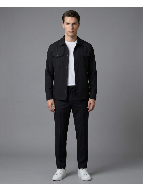 Black Comfort Fit Shirt Collar Safari Pocket Sporty Suit