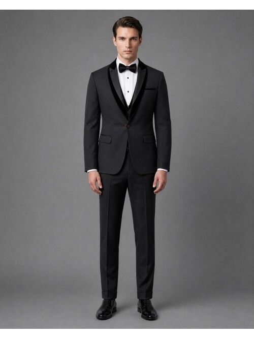 Siyah Kadife Çıkma Yaka Slim Fit Damatlık