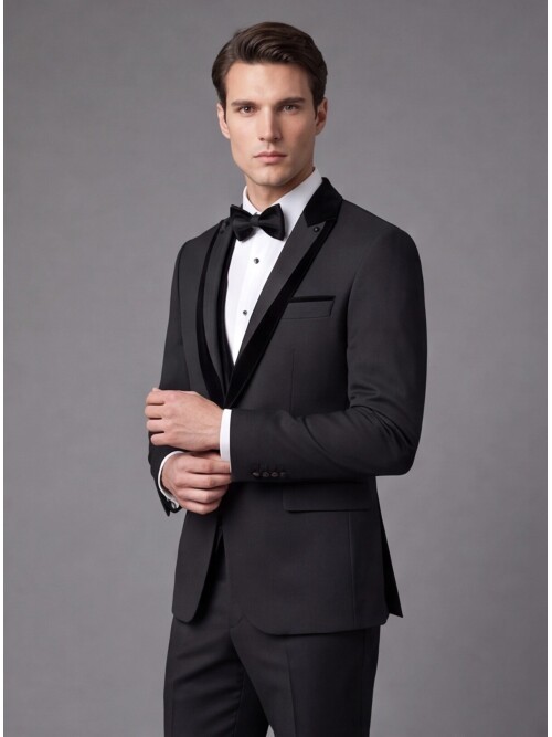 Black Velvet Detachable Shawl Lapel Slim Fit Tuxedo