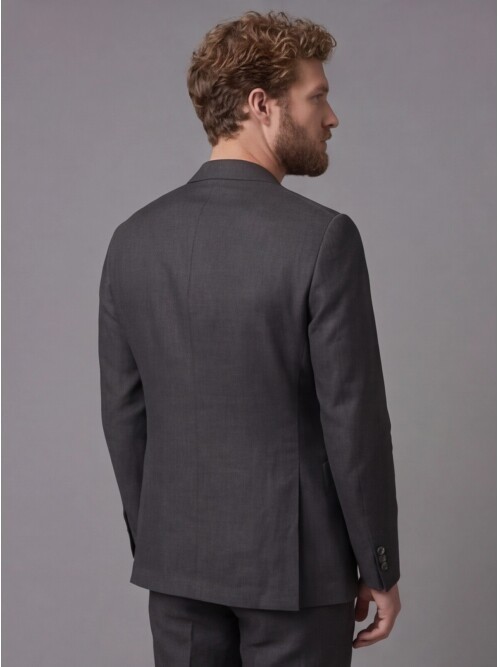 Siyah Keten Sivri Yaka Comfort Fit Torba Cep 2 Düğme Takım Elbise