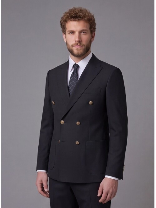 Siyah Kruvaze Sivri Yaka Slim Fit 6 Düğmeli Takım Elbise