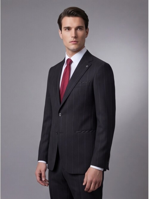 Siyah Mono Yaka Çift Düğmeli Takım Elbise