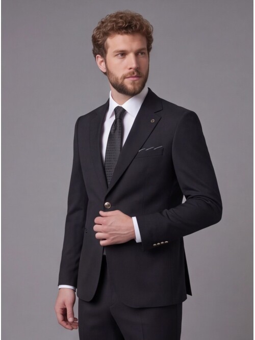 Siyah Mono Yaka Slim Fit 2 Düğmeli Takım Elbise