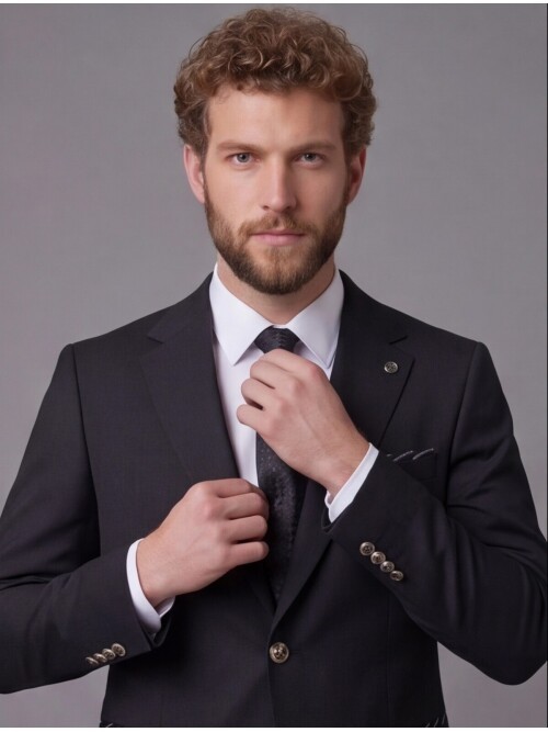 Siyah Mono Yaka Slim Fit 2 Düğmeli Takım Elbise