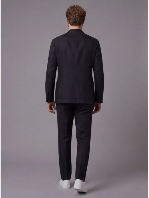 Siyah Mono Yaka Slim Fit Torba Cep 2 Düğme Takım Elbise