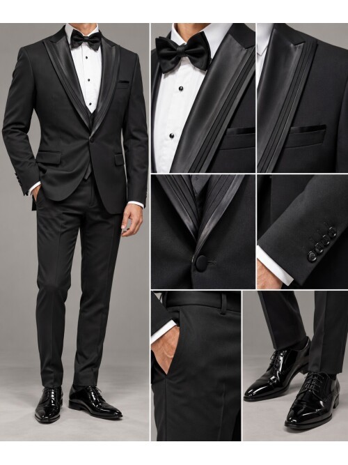 Siyah Çıkma Sivri Yaka Slim Fit Damatlık
