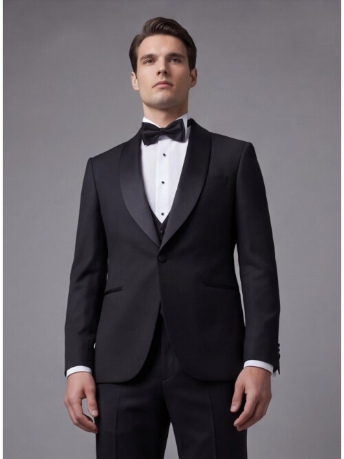 Siyah Şal Yaka Slim Fit Tek Düğmeli Damatlık Takım Elbise