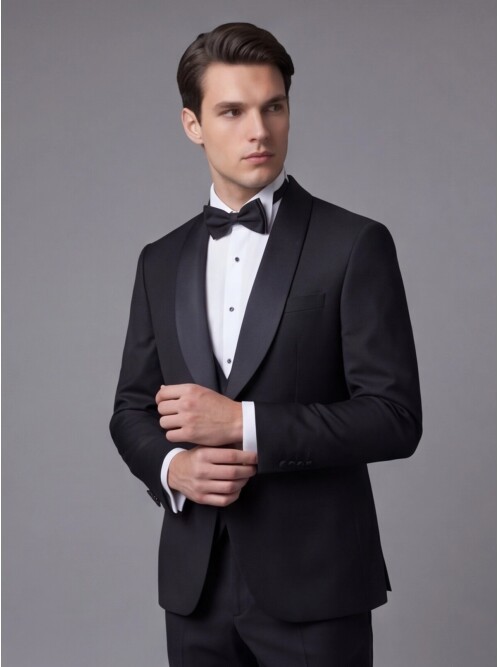 Siyah Şal Yaka Slim Fit Tek Düğmeli Damatlık Takım Elbise